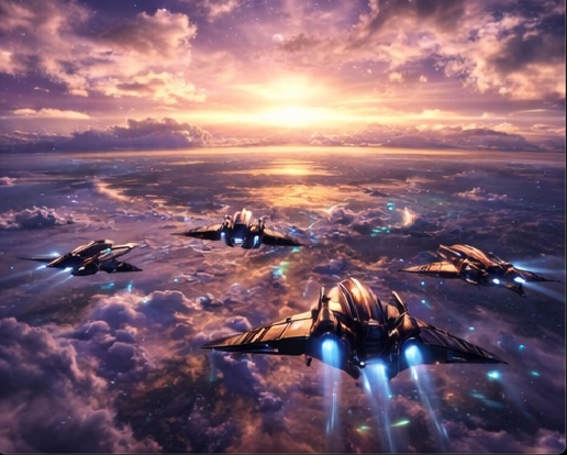 Aftermath of the final victory as starfighters fly through a quiet sky beyond Earth with hope restored